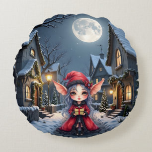 The Little Christmas Messenger.  Round Pillow