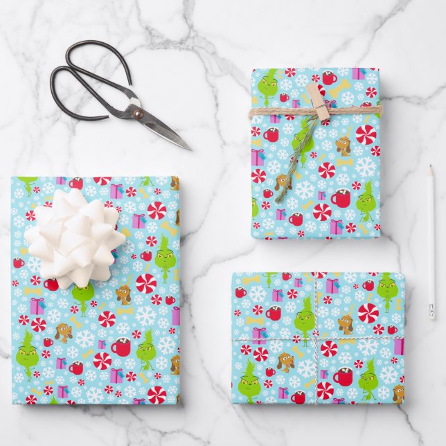 The Little Grinch | Blue Snowflake Christmas Patte Wrapping Paper Sheets (Front)
