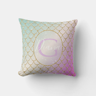 The Little Mermaid. Golden scales on a pink, turqu Throw Pillow