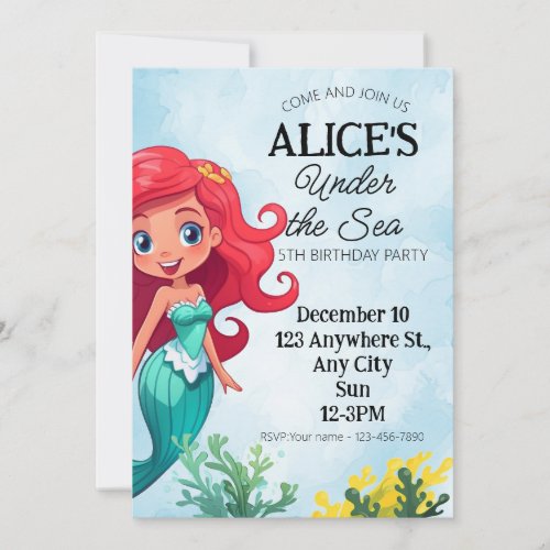 The Little Mermaid Watercolor Birthday Invitation
