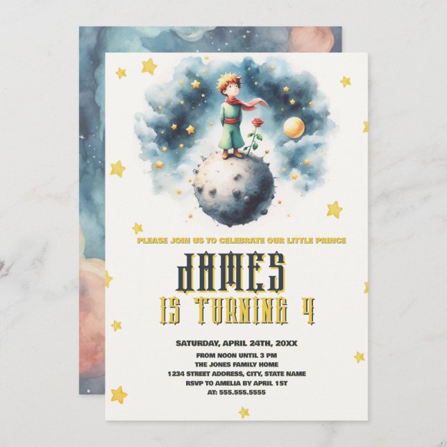 The little prince Watercolor Birthday Invitation (Front/Back)