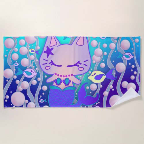 the little purrmaid underwater kawaii cat mermaid beach towel