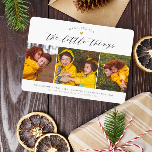 The Little Things  Minimalist Gold Heart 3 Photo Holiday Card