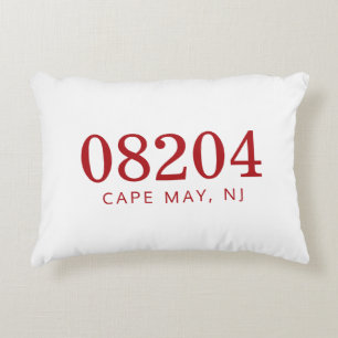 The Location in Red and White Zip Code Accent Pillow
