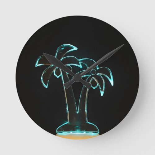 The Look of Neon Lit Up Tropical Palm Trees Round Clock