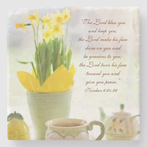 The Lord Bless You Bible Verse Tea Party Daffodils Stone Coaster