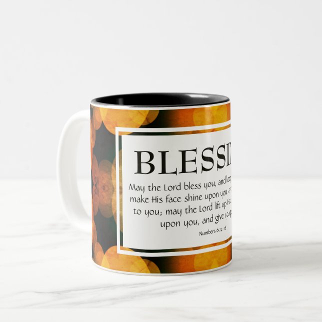 THE LORD BLESS YOU | Numbers 6:24-26 Orange Bokeh Two-Tone Coffee Mug (Front Left)
