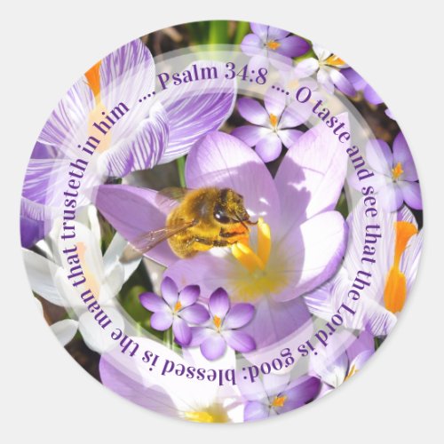 The Lord is Good Bee on Crocus Flower Classic Round Sticker
