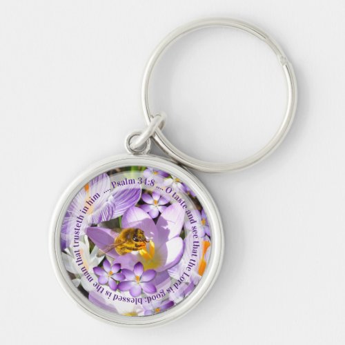 The Lord is Good Bee on Crocus Flower Key Ring