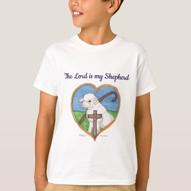The Lord is my Shepherd sheep & cross in heart T-Shirt (Front)