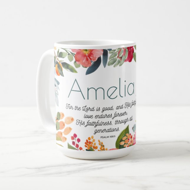 The Lord's Love Endures Bright Floral Name Mug (Front Left)