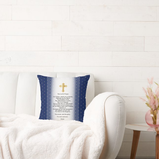 The Lord's Prayer - Gold Cross on Navy Blue Throw Pillow (Couch)