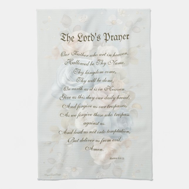 The Lord's Prayer Kitchen Towel Blue Pastel Floral (Vertical)
