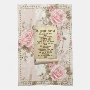 The Lord's Prayer Kitchen Towel Pink Roses