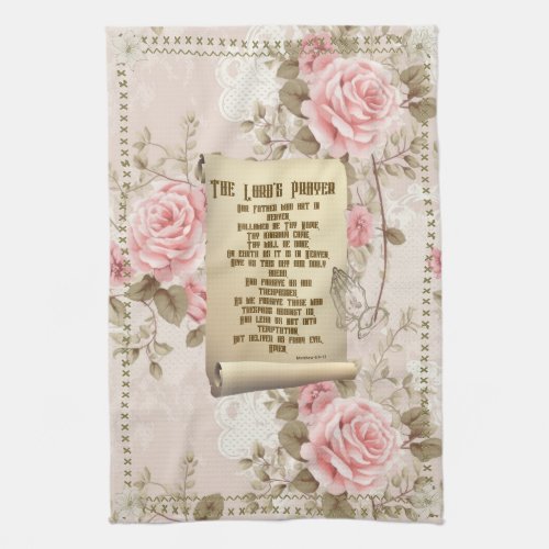 The Lords Prayer Kitchen Towel Pink Roses