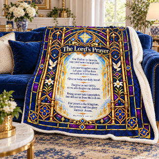 The Lord's Prayer Navy Blue Stained Glass Scriptur Sherpa Blanket