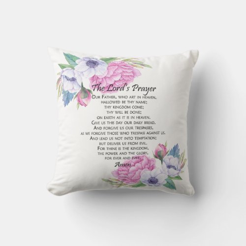 The Lords Prayer Pink Floral from Matthew 69_13 Throw Pillow