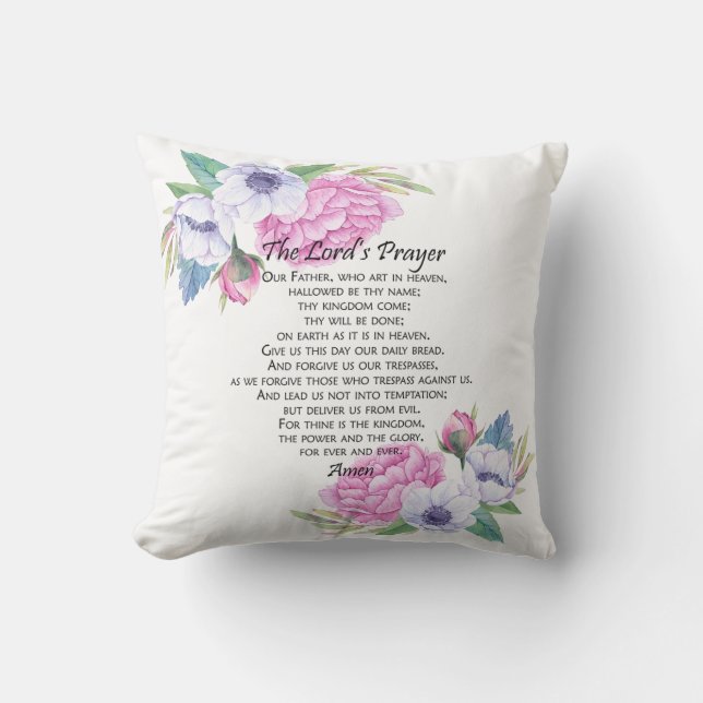 The Lord's Prayer Pink Floral, from Matthew 6:9-13 Throw Pillow (Front)