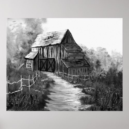 The Lost Wooden Barn In Black  White Poster