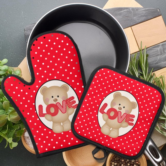 The LOVE Teddy Bear Oven Mitt & Pot Holder Set (Creator Uploaded)