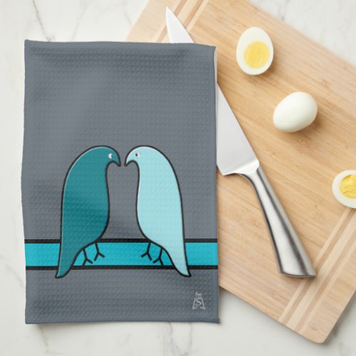 The Lovebirds in Aqua and Teal on Dark Gray Kitchen Towel