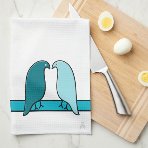 The Lovebirds in Aqua and Teal on White Kitchen Towel