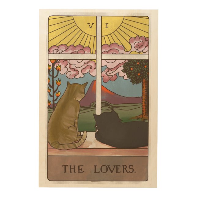 The Lovers Cat Tarot Card Wood Wall Art (Front)