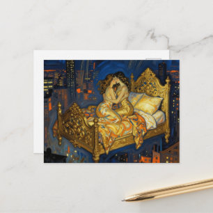 The Lovers Kiss Magical Bed Above the City Fantasy Postcard