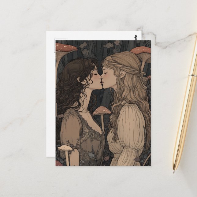 The Lovers Kiss Mushroom Forest Fairytale Postcard (Front/Back In Situ)