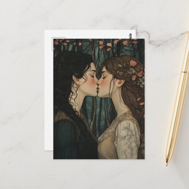 The Lovers Kiss Vintage Fairytale Postcard (Front/Back In Situ)