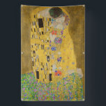 The Lovers Kissing Embrace by Gustav Klimt Banner<br><div class="desc">Sunlight glints off the swirling golden embrace that surrounds the lovers in Gustav Klimt's masterpiece, The Kiss. The scene is a paradox of intimacy and isolation. The couple stands on a precipice, a field of colorful flowers at their feet, yet they are oblivious to the world around them. Their gazes...</div>