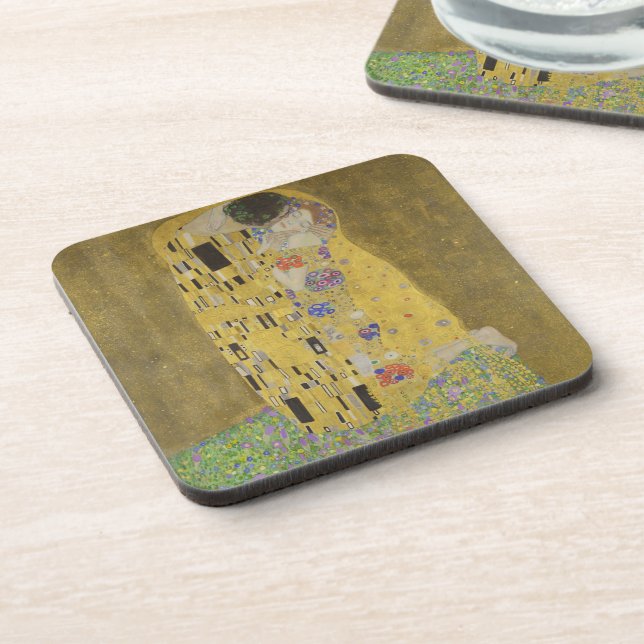 The Lovers Kissing Embrace by Gustav Klimt Beverage Coaster (Left Side)