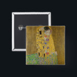 The Lovers Kissing Embrace by Gustav Klimt Button<br><div class="desc">Sunlight glints off the swirling golden embrace that surrounds the lovers in Gustav Klimt's masterpiece, The Kiss. The scene is a paradox of intimacy and isolation. The couple stands on a precipice, a field of colorful flowers at their feet, yet they are oblivious to the world around them. Their gazes...</div>