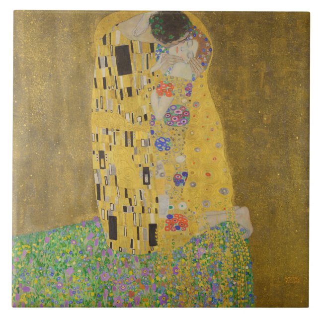 The Lovers Kissing Embrace by Gustav Klimt Ceramic Tile (Front)