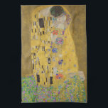 The Lovers Kissing Embrace by Gustav Klimt Kitchen Towel<br><div class="desc">Sunlight glints off the swirling golden embrace that surrounds the lovers in Gustav Klimt's masterpiece, The Kiss. The scene is a paradox of intimacy and isolation. The couple stands on a precipice, a field of colorful flowers at their feet, yet they are oblivious to the world around them. Their gazes...</div>