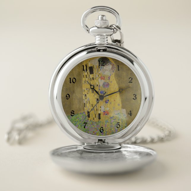 The Lovers Kissing Embrace by Gustav Klimt Pocket Watch (Inside)