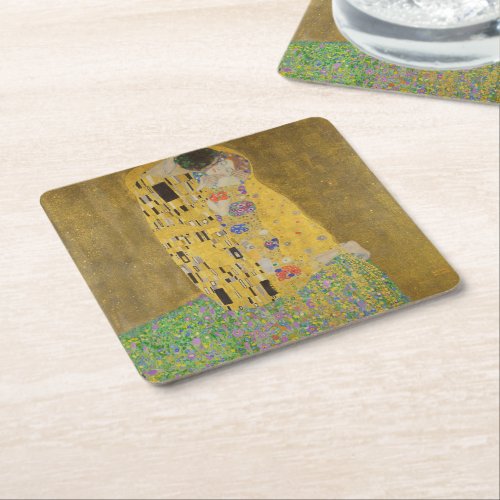 The Lovers Kissing Embrace by Gustav Klimt Square Paper Coaster