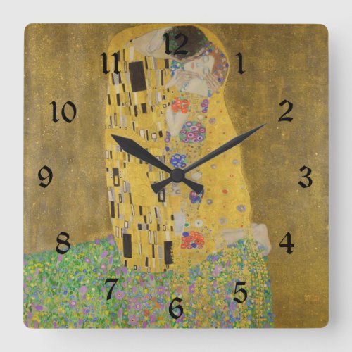 The Lovers Kissing Embrace by Gustav Klimt Square Wall Clock