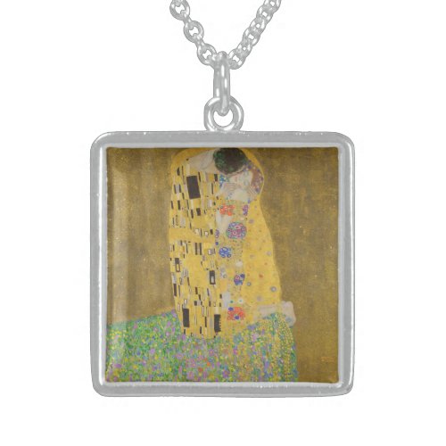 The Lovers Kissing Embrace by Gustav Klimt Sterling Silver Necklace