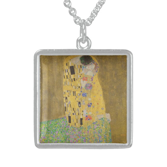 The Lovers Kissing Embrace by Gustav Klimt Sterling Silver Necklace (Front)