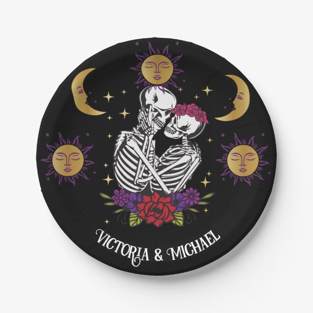 The Lovers Skeleton Couple Gothic Tarot Paper Plates (Front)