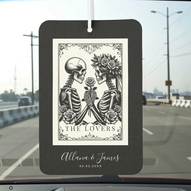 The Lovers Tarot Card Skeletons Monogram Wedding Air Freshener (Custom wedding air freshener with skeleton lovers tarot card design, personalized names, and date.)