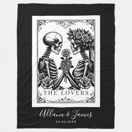 The Lovers Tarot Card Skeletons Monogram Wedding Fleece Blanket