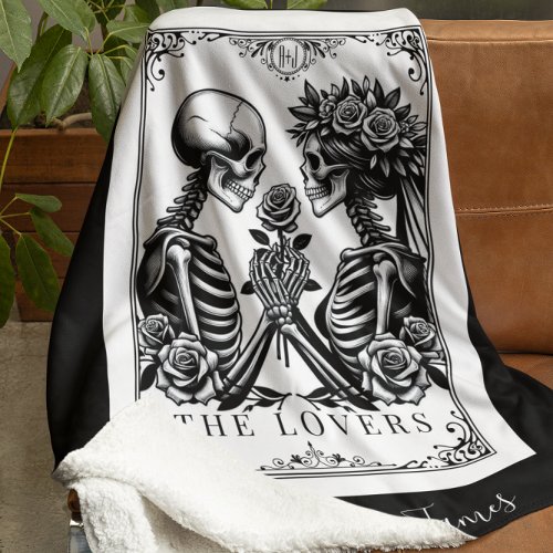 The Lovers Tarot Card Skeletons Monogram Wedding Sherpa Blanket