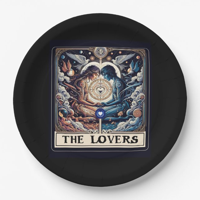 THE LOVERS Tarot Celestial Man & Woman Soulmates Paper Plates (Front)
