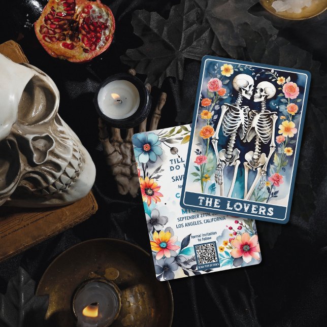The Lovers Tarot Floral Gothic Wedding QR Code Save The Date (Creator Uploaded)