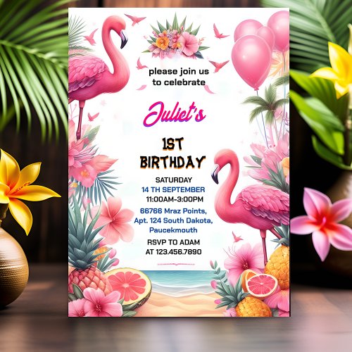 The Luau Fly Pink Flamingo Pool Party 1st birthday Invitation