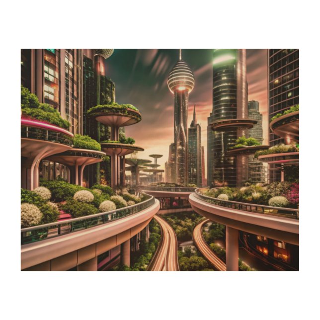 The Luminescent Metropolis: A Vision of the Future Wood Wall Art (Front)
