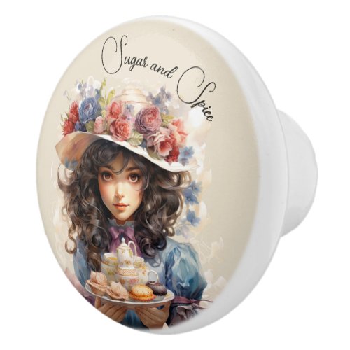 The macaron girl in floral hat foodies ceramic knob