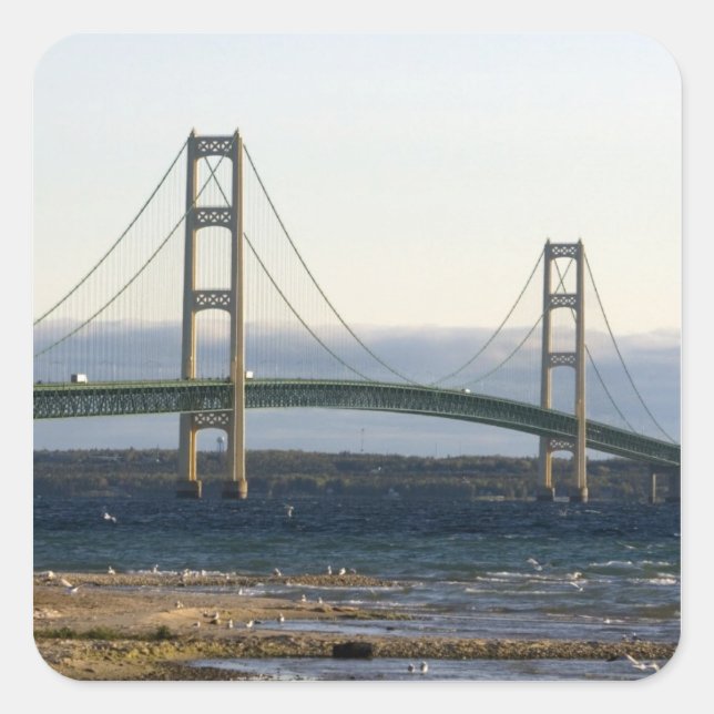 The Mackinac Bridge spanning the Straits of 4 Square Sticker (Front)